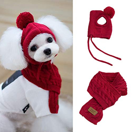 Bonbela Winter Warm Gestrickte Haustier Mütze Schal Set Hunde Hüte Lustiges Cosplay Haustier Hund für Welpen Zubehör (Rot #07) von Bonbela