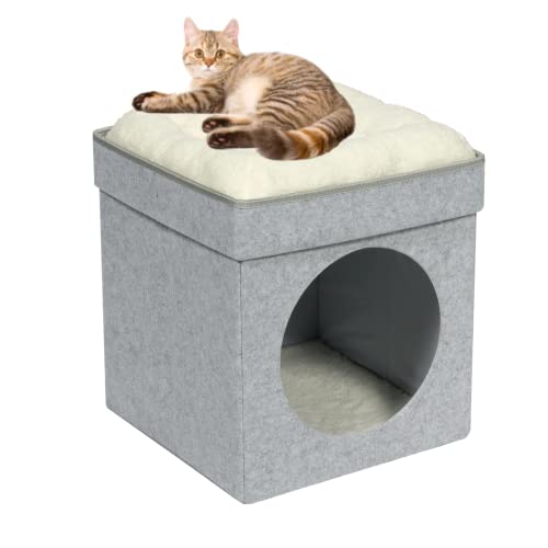 Bonlife Faltbare große Katzenbetten für den Innenbereich, Katzenzelt, Bett mit zwei herausnehmbaren Kissen, warm, bequem, halbgeschlossen, Weiß, 45 x 45 x 50 cm von Bonlife