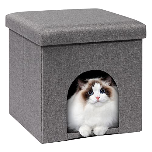 Bonlife Katzenhaus Ottomane, faltbare Katzenhöhle Betten für Indoor-Katzen, Winter-Haustierhütte mit waschbarem Pad, Fußhocker Sitz mit Deckel, 40 x 40 x 40 cm, Grau von Bonlife