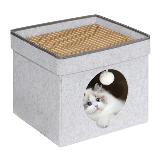 Bonlife Faltbares Katzenhaus aus Filz, Katzenhöhle für Hauskatzen, kleine Katzenhütte mit Deckel, Lammwolle und Strohmatte, universell für alle Jahreszeiten, Hellgrau, 40 x 32 x 39 cm von Bonlife