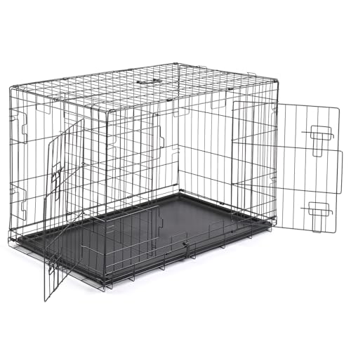 Bonnlo Hundebox aus Metall, Hundekäfig Faltbar, Transportbox Hund mit 2 Türen, mit Ausziehbarer Kunststoffschale, für Zuhause & Auto, 91 x 57 x 62,5 cm(L) von Bonnlo