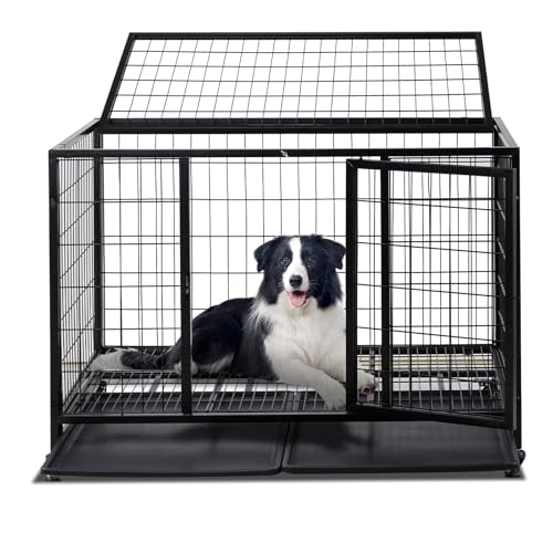 Bonnlo Hundekäfig hochbelastbar, transportabler Haustierkäfig, 110,5 x 76 x 82,5 cm, Gitterbox Hund mit Doppeltüren & Rollen und Kunststoffwanne, für mittelgroße/große Hunde, Schwarz von Bonnlo