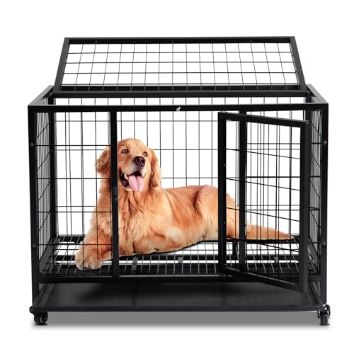 Bonnlo Hundekäfig hochbelastbar, transportabler Haustierkäfig, 92x62x75cm, Gitterbox Hund mit Doppeltüren & Rollen und Kunststoffwanne für kleine, mittelgroße Hunde, Schwarz von Bonnlo