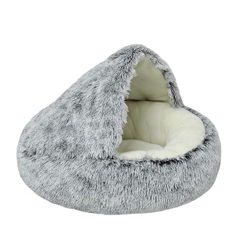 1pc Runde Plüsch-Kapuzen-Hundebett, Bequemes Indoor-Katzen- Oder Kleines Hundebett, Beruhigendes Haustierbett Anti-Angst-Hundebett (Grau,L(60cm)) von Bontebian