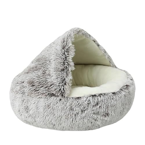 1pc Runde Plüsch-Kapuzen-Hundebett, Bequemes Indoor-Katzen- Oder Kleines Hundebett, Beruhigendes Haustierbett Anti-Angst-Hundebett (Kaffeefarbe,L(60cm)) von Bontebian