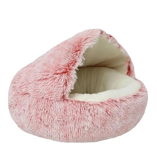 1pc Runde Plüsch-Kapuzen-Hundebett, Bequemes Indoor-Katzen- Oder Kleines Hundebett, Beruhigendes Haustierbett Anti-Angst-Hundebett (Rosa,L(60cm)) von Bontebian