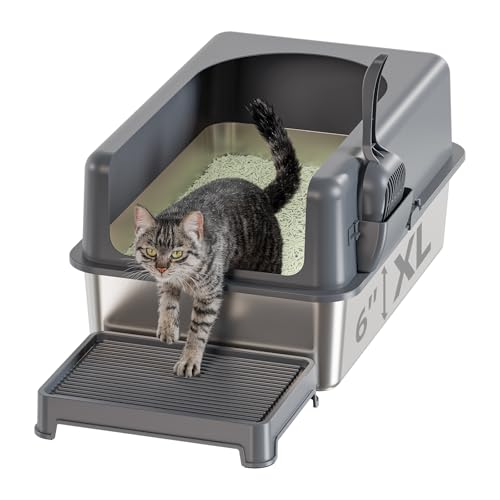 Katzentoilette aus Edelstahl, hohe Seiten, extra große XL Katzentoilette für große mehrere Katzen mit Deckel, Metall-Katzentoilette, antihaftbeschichtet, inklusive Katzentoilette & Schaufel von Booche