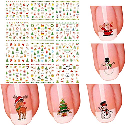 Boodtag 12 Pcs Selbstklebende Nagel Sticker Weihanachten Design mit Weihnachtsbaum Schneemann Rentier Geweih von Boodtag