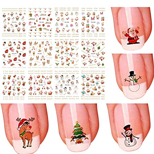 Boodtag 12 Pcs Selbstklebende Nagel Sticker Weihanachten Design mit Weihnachtsbaum Schneemann Rentier Geweih von Boodtag