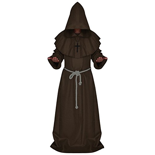 Boodtag 3-teilig Herren Mönch Kostüm Mittelalter Mönch Robe Halloween Party Kleid inklusive Kreuzanhänger Gürtel Kostüm Schwarz Braun Weiß von Boodtag