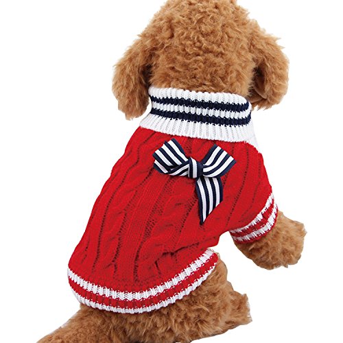 Boodtag Haustier Hund Baumwolle Hundpullover Strickpullover Mantel mit Schleife Weste Kleider Winter Weich Warm Pullover Jacke Kleidung Hundemantel von Boodtag