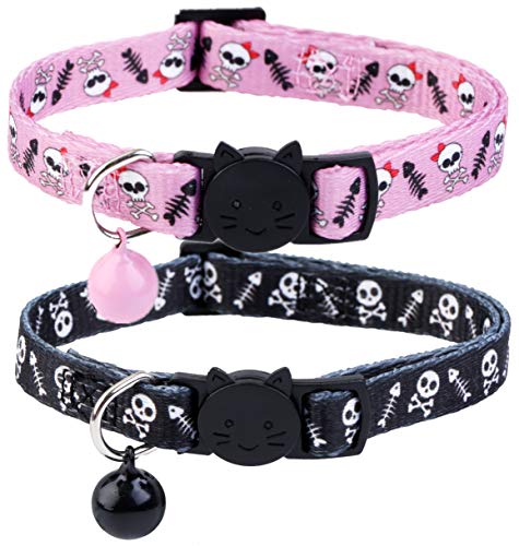 BoomBone Totenkopf-Katzenhalsband mit Glöckchen, 2 Stück, sicheres Halloween-Welpenhalsband aus Nylon, Schwarz-Weiß, Unisex, Größe 17,8 cm - 27,9 cm für Katzen und kleine Hunde von BoomBone