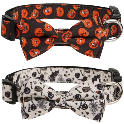 Halloween Hundehalsband groß, 2er Set Fliege Gothic Hundehalsband Kürbis und Skelett Hundehalsband von BoomBone