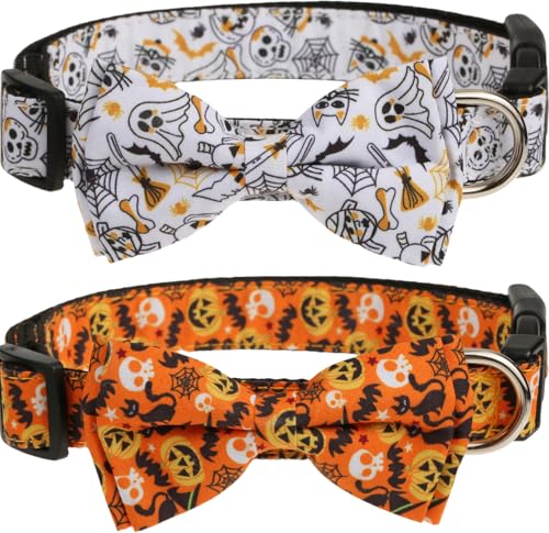 Halloween-Hundehalsband mit Schleife, 2 Stück, gruseliges Halsband für mittelgroße Hunde, niedliches Kürbis- und Geister-Hundehalsband für Jungen, Mädchen, Hunde, Halloween von BoomBone