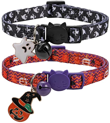 Katzenhalsband, Halloween-Halsband, Schwarz und Orange, mit Geister-Kürbis-Anhänger und Glocke von BoomBone