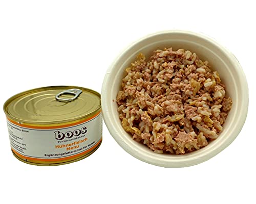 Boos-Hühnerfleisch-Menü 6 x 300g (insg. 1,8kg) Hundefutter, Nassfutter, Hühnerfleisch (70%) Reis, Kein Zusatz von Aroma-, Farb-, BZW. Konservierungsstoffen, Emulgatoren, Stabilisatoren oder Salz von Boos