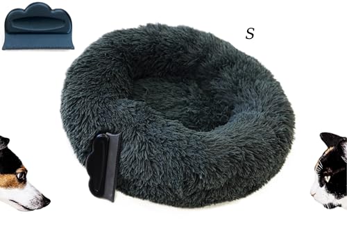 Borcelle Natural Hundebett rund Inkl. Bürste, Katzenbett flauschig, Ø 50cm, katzenkörbchen für Hundebett Donut, katzenkissen waschbar, Langer Plüsch (Dunkel grau) von Borcelle Natural