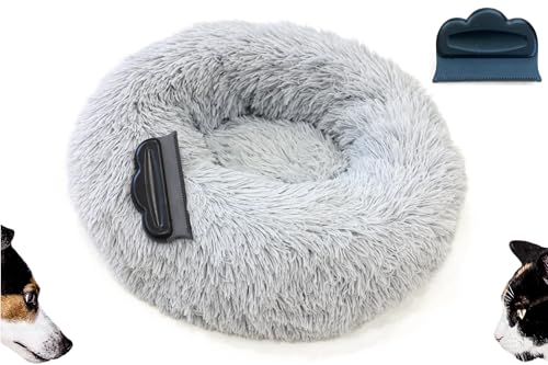 Borcelle Natural Hundebett rund Inkl. Bürste, Katzenbett flauschig, Ø 50cm, katzenkörbchen für Hundebett Donut, katzenkissen waschbar, Langer Plüsch (Hell grau) von Borcelle Natural