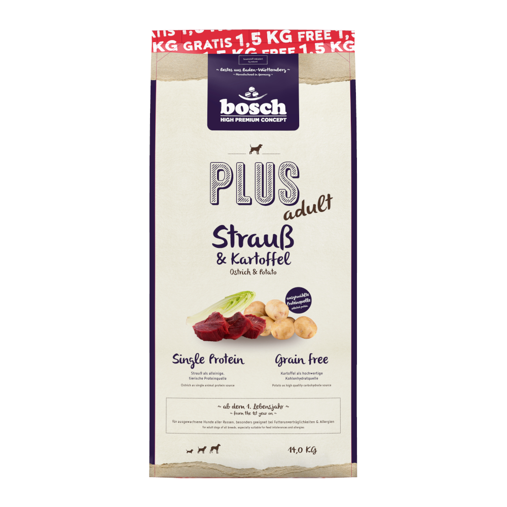 1,5 kg gratis! 14 kg bosch getreidefreis Trockenfutter - Plus Strauß & Kartoffel von Bosch HPC Plus