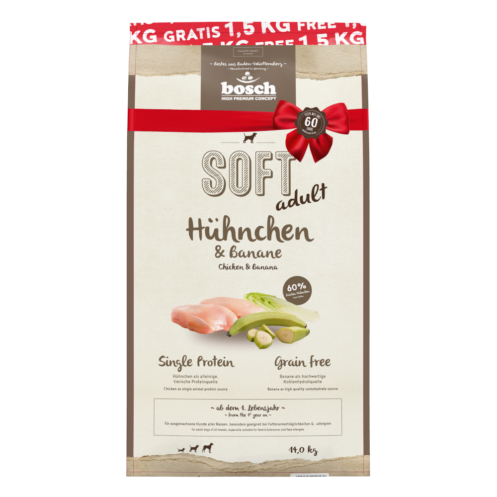 1,5 kg gratis! 14 kg bosch getreidefreis Trockenfutter - Soft Hühnchen & Banane von Bosch HPC Soft