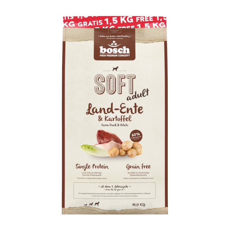 1,5 kg gratis! 14 kg bosch getreidefreis Trockenfutter - Soft Land-Ente & Kartoffel von Bosch HPC Soft