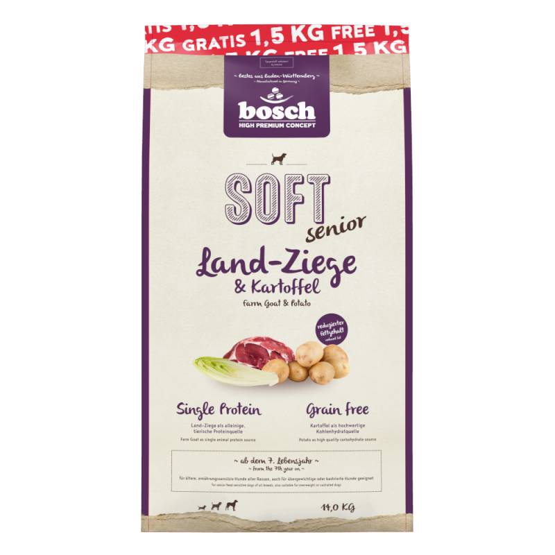 1,5 kg gratis! 14 kg bosch getreidefreis Trockenfutter - Soft Ziege & Kartoffel von Bosch HPC Soft