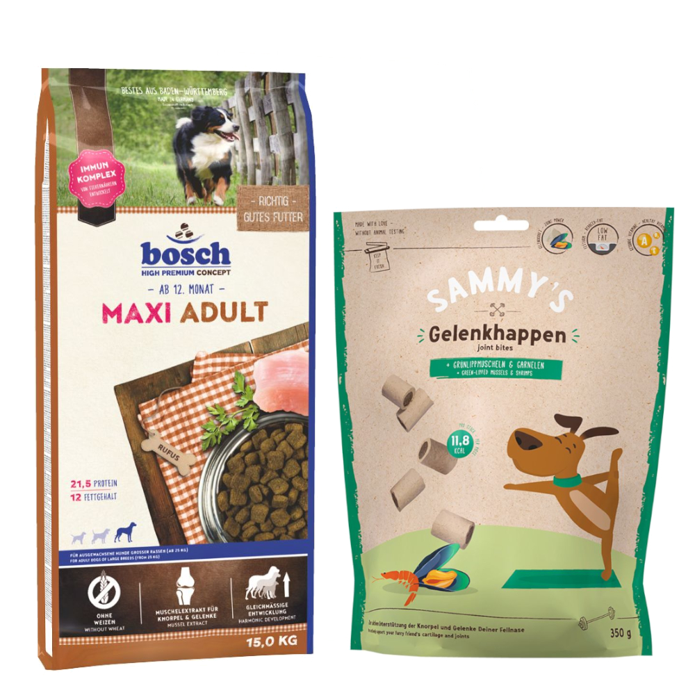 Kombi-Paket: 15 kg bosch HPC Trockenfutter + 3 x 350 g Sammy's Gelenkhappen - Maxi Adult 15 kg + Sammy's Gelenkhappen 3 x 350 g von Bosch High Premium concept