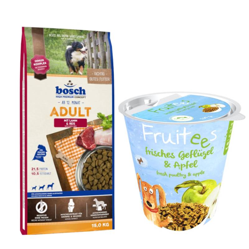 bosch Kombi-Paket: 15 kg HPC Trockenfutter + 3 x 200 g Fruitees (semi-moist) - Adult Lamm & Reis 15 kg + Fruitees Geflügel & Apfel 3 x 200 g von Bosch High Premium concept