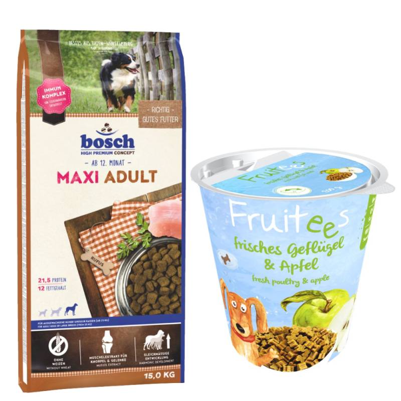 bosch Kombi-Paket: 15 kg HPC Trockenfutter + 3 x 200 g Fruitees (semi-moist) - Maxi Adult 15 kg + Fruitees Geflügel & Apfel 3 x 200 g von Bosch High Premium concept