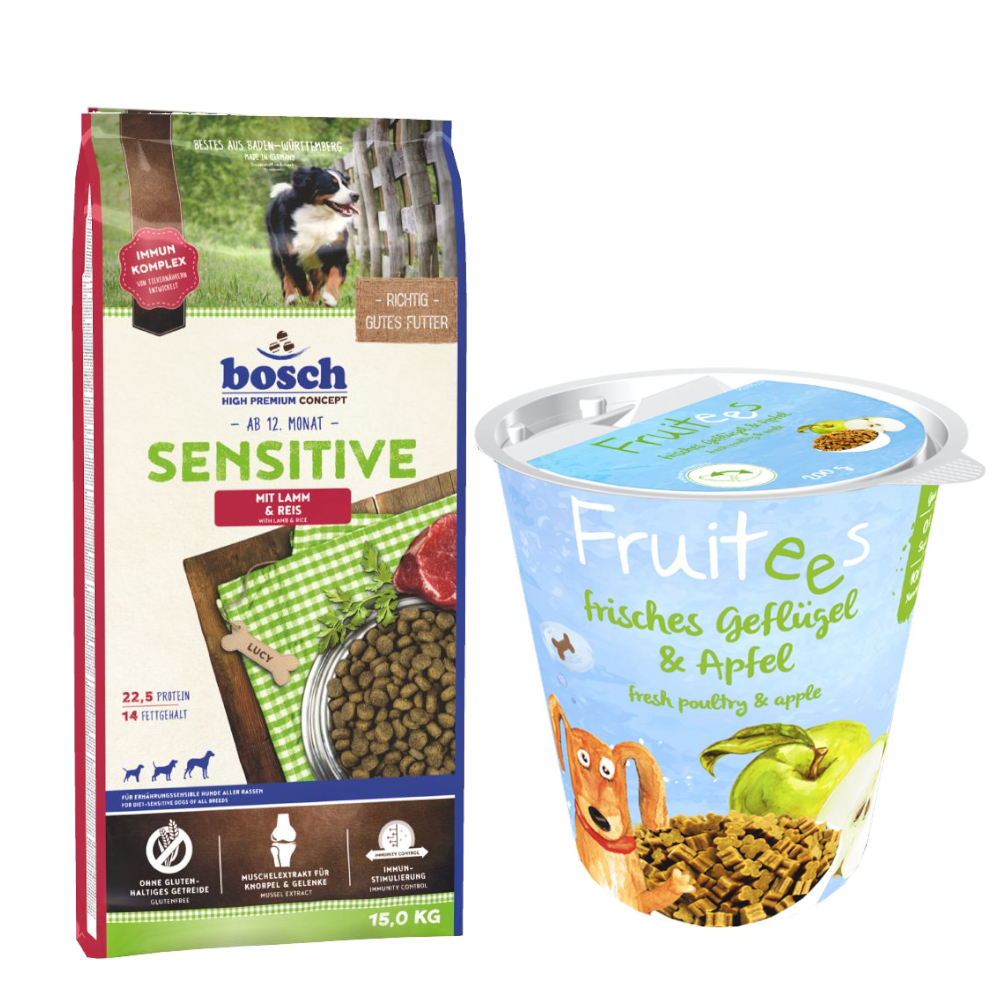 bosch Kombi-Paket: 15 kg HPC Trockenfutter + 3 x 200 g Fruitees (semi-moist) - Sensitive Lamm & Reis 15 kg + Fruitees Geflügel & Apfel 3 x 200 g von Bosch High Premium concept