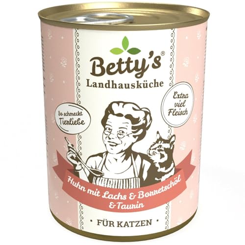 Betty's Landhausküche Dose Nassfutter Katze, getreidefrei, Beste Qualität, hochwertiges Fleisch, schonend gegart, für alle Katzenrassen geeignet, Huhn und Lachs 400 g von Boswelia