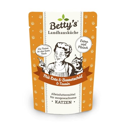 Betty's Landhausküche Frischebeutel Pouches Nassfutter Katze, Ente mit Borretschöl 100 g, getreidefrei, Beste Qualität, hochwertiges Fleisch, schonend gegart, hohe Bioverfügbarkeit von Boswelia