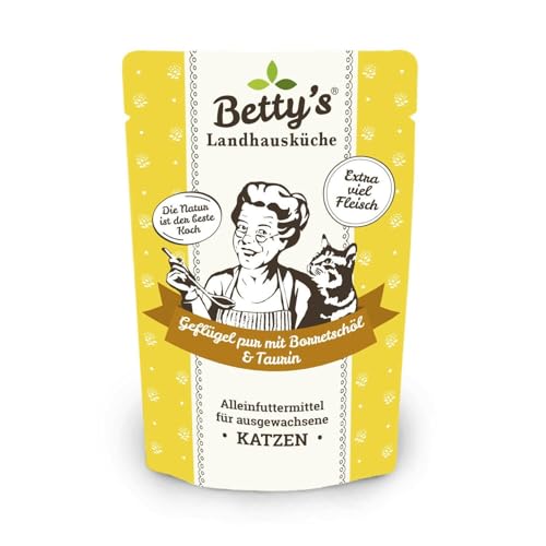 Betty's Landhausküche Frischebeutel Pouches Nassfutter Katze, Geflügel PUR mit Borretschöl 100 g, getreidefrei, Beste Qualität, hochwertiges Fleisch, schonend gegart, hohe Bioverfügbarkeit von Boswelia