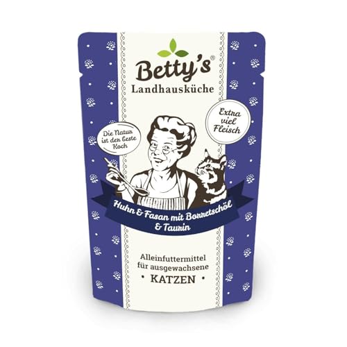 Betty's Landhausküche Frischebeutel Pouches Nassfutter Katze, Huhn & Fasan mit Borretschöl 100 g, getreidefrei, Beste Qualität, hochwertiges Fleisch, schonend gegart, hohe Bioverfügbarkeit von Boswelia