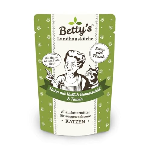 Betty's Landhausküche Frischebeutel Pouches Nassfutter Katze, Huhn & Kalb mit Borretschöl 100g, getreidefrei, Beste Qualität, hochwertiges Fleisch, schonend gegart, hohe Bioverfügbarkeit von Boswelia