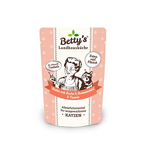 Betty's Landhausküche Frischebeutel Pouches Nassfutter Katze, Huhn & Lachs mit Borretschöl 100g, getreidefrei, Beste Qualität, hochwertiges Fleisch, schonend gegart, hohe Bioverfügbarkeit von Boswelia