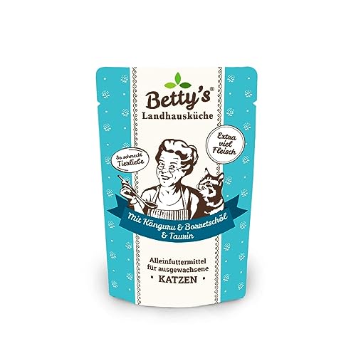 Betty's Landhausküche Frischebeutel Pouches Nassfutter Katze, Känguru mit Borretschöl 100g, getreidefrei, Beste Qualität, hochwertiges Fleisch, schonend gegart, hohe Bioverfügbarkeit von Boswelia