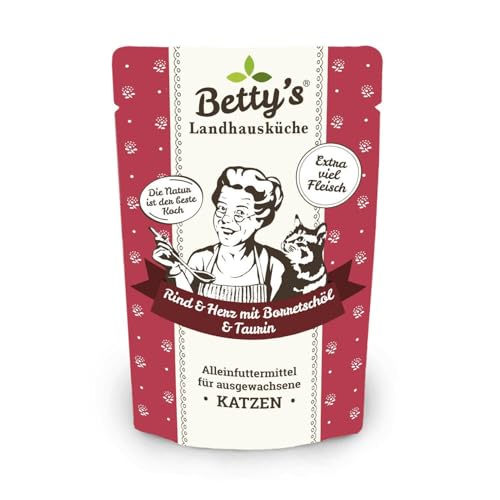 Betty's Landhausküche Frischebeutel Pouches Nassfutter Katze, Rind & Herz mit Borretschöl 100g, getreidefrei, Beste Qualität, hochwertiges Fleisch, schonend gegart, hohe Bioverfügbarkeit von Boswelia