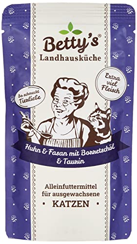 Betty's Landhausküche Frischebeutel Pouches Nassfutter Katze, Huhn & Fasan mit Borretschöl 12 x 100 g, getreidefrei, beste Qualität, hochwertiges Fleisch, schonend gegart, hohe Bioverfügbarkeit von Boswelia