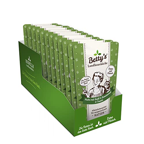 Betty's Landhausküche Frischebeutel Pouches Nassfutter Katze, Huhn & Kalb mit Borretschöl 12 x 100g, getreidefrei, Beste Qualität, hochwertiges Fleisch, schonend gegart, hohe Bioverfügbarkeit von Boswelia