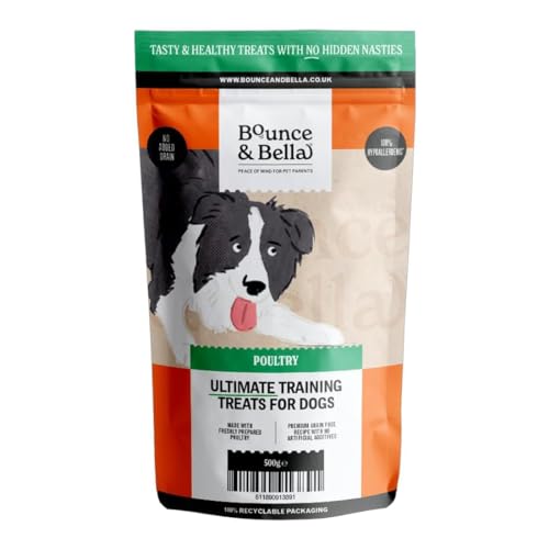 Bounce and Bella Getreidefreie Hunde Trainingssnacks – 800 leckere und gesunde Leckerlis, 80% frisches Geflügelfleisch, 20% Kartoffeln und Süßkartoffeln, 1 Packung (500 g) von Bounce and Bella