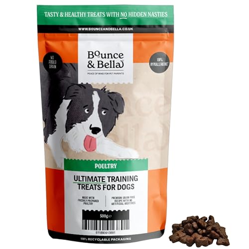 Bounce and Bella Getreidefreie Hunde Trainingssnacks – 800 leckere und gesunde Leckerlis, 80% frisches Geflügelfleisch, 20% Kartoffeln und Süßkartoffeln, 1 Packung (500 g) von Bounce and Bella