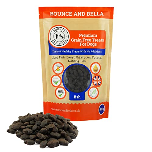 Bounce and Bella Getreidefreie Leckereien für das Hundetraining 1000 Leckerli Packung, 80% dampfgegarter Fisch, 20% Kartoffeln und Süßkartoffeln, 1 Packung (500 g) von Bounce and Bella