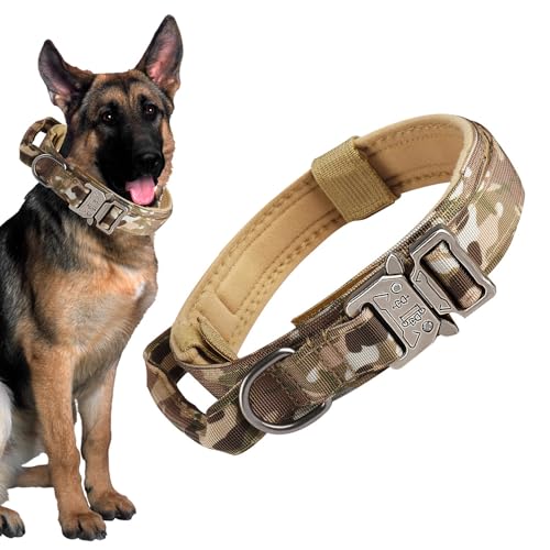 Taktisches Hundehalsband, Militär-Nylon, verstellbares Haustierhalsband mit robuster Metallschnalle und Kontrollgriff, langlebig und weich, für mittelgroße und große Hunde (Tarnfarbe, M) von Bouncy