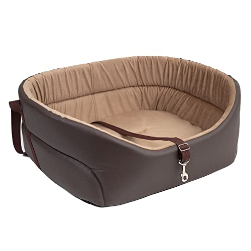 Hunde Autositz Universal Waschbar Abriebfest, Autositz Hund für Vordersitz, Beifahrersitz, Rückbank, Hundebett Hundetasche, L: 56 cm x 48 cm, Braun - Kunstleder: Wildlederimitat von BOUTIQUE ZOO