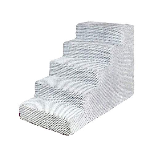 Hundetreppe 50 cm hoch | Katzentreppe Haustiertreppe | 5 Stufen | Hunde Katzen Haustier | für Bett und Auto | Trepp für kleine Hund | Plüschbezug | Farbe: Grau von BOUTIQUE ZOO