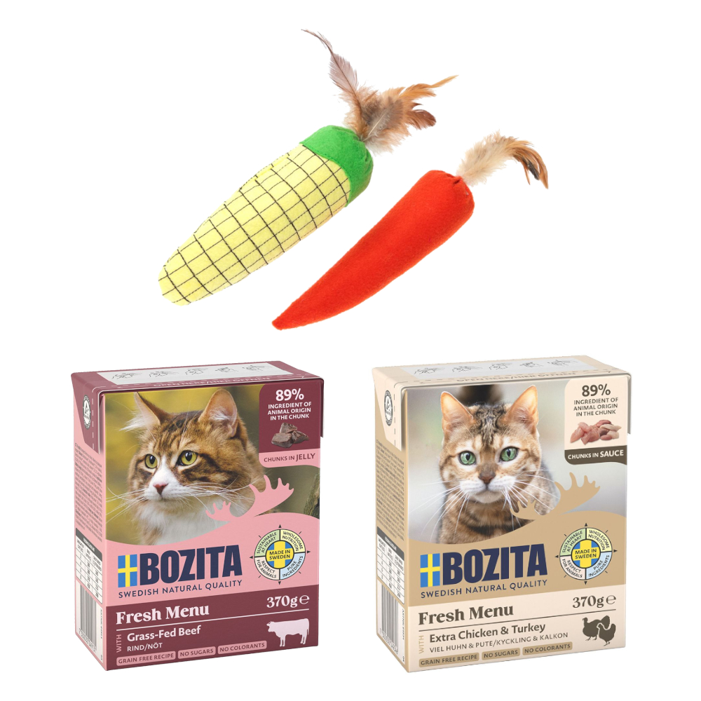 12 x 370 g Bozita Tetra Häppchen + TIAKI Katzenspielzeug gratis! - Hühnchen und Pute in Soße + Lachs von Bozita