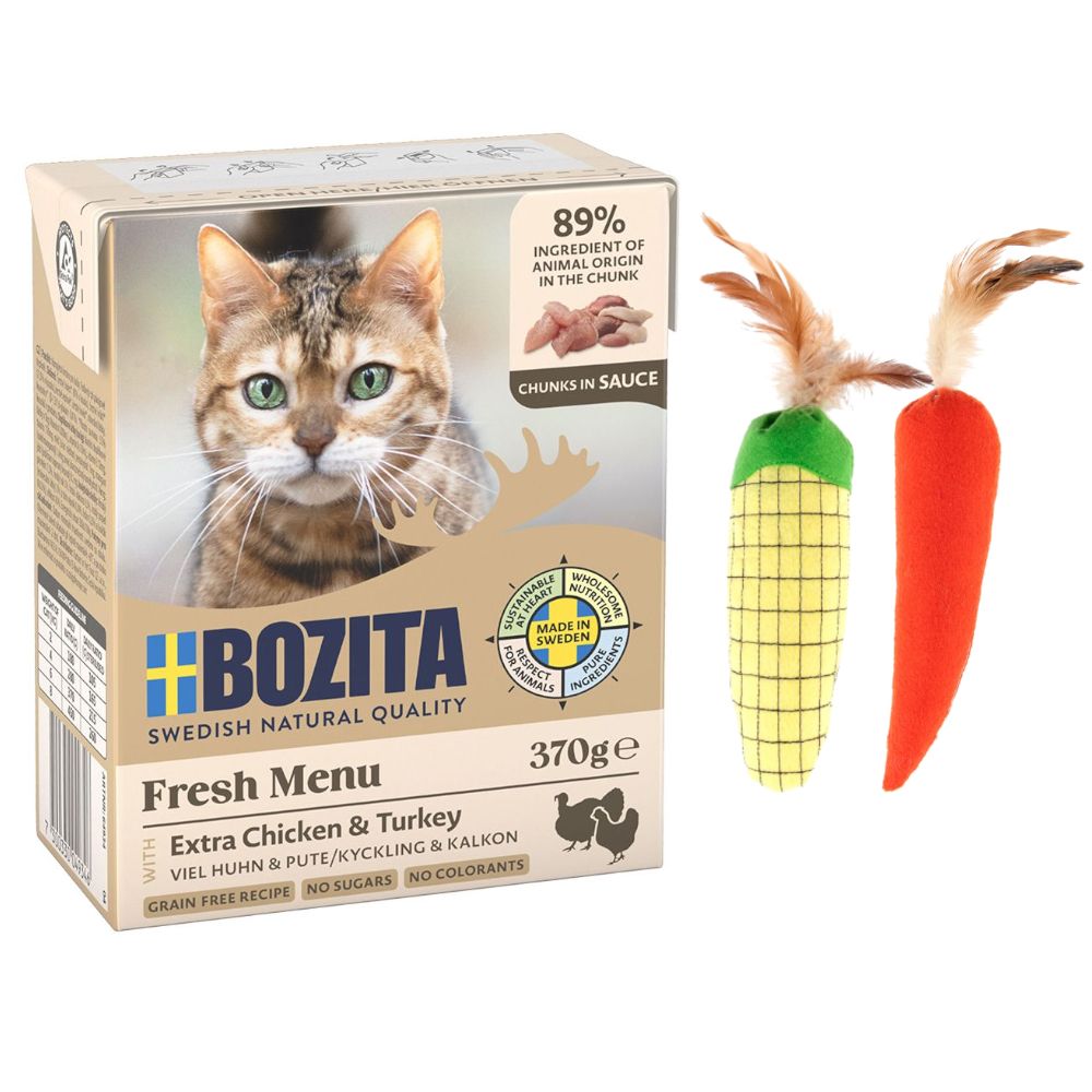 12 x 370 g Bozita Tetra Häppchen + TIAKI Katzenspielzeug gratis! - Hühnchen und Pute in Soße von Bozita