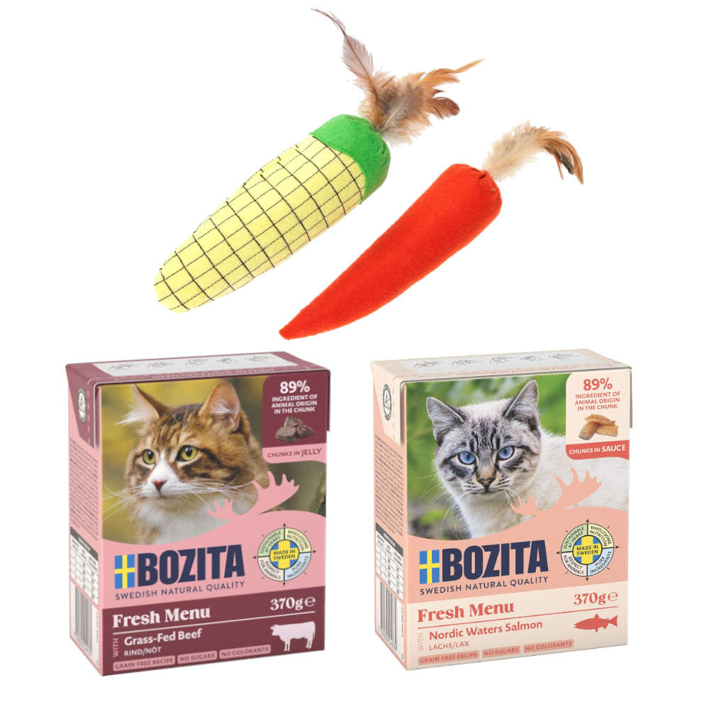 12 x 370 g Bozita Tetra Häppchen + TIAKI Katzenspielzeug gratis! - Lachs in Soße + Rinderhack in Gelee von Bozita