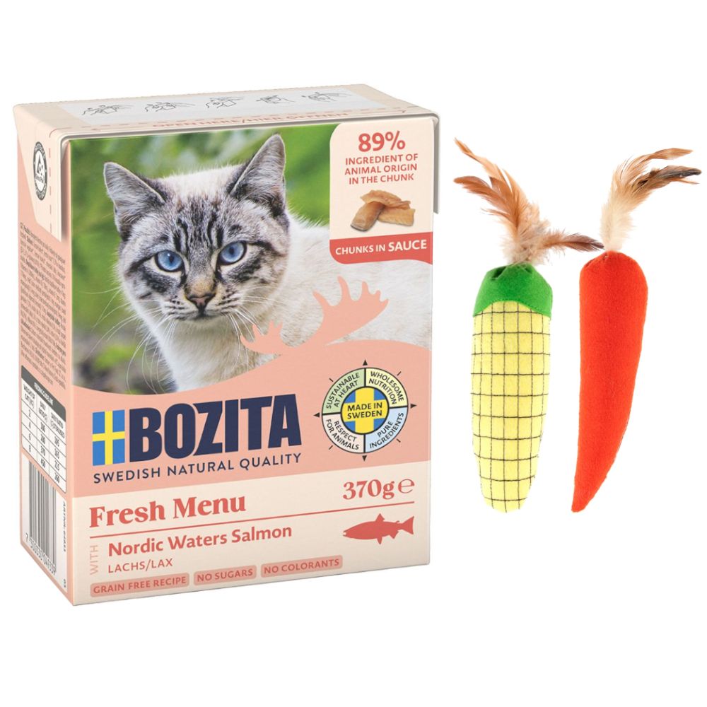 12 x 370 g Bozita Tetra Häppchen + TIAKI Katzenspielzeug gratis! - Lachs in Soße von Bozita